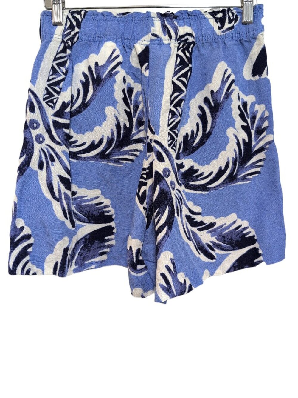 H&M Linen Blend Blue & White Tropical Print High Waist Shorts Side Pockets Small